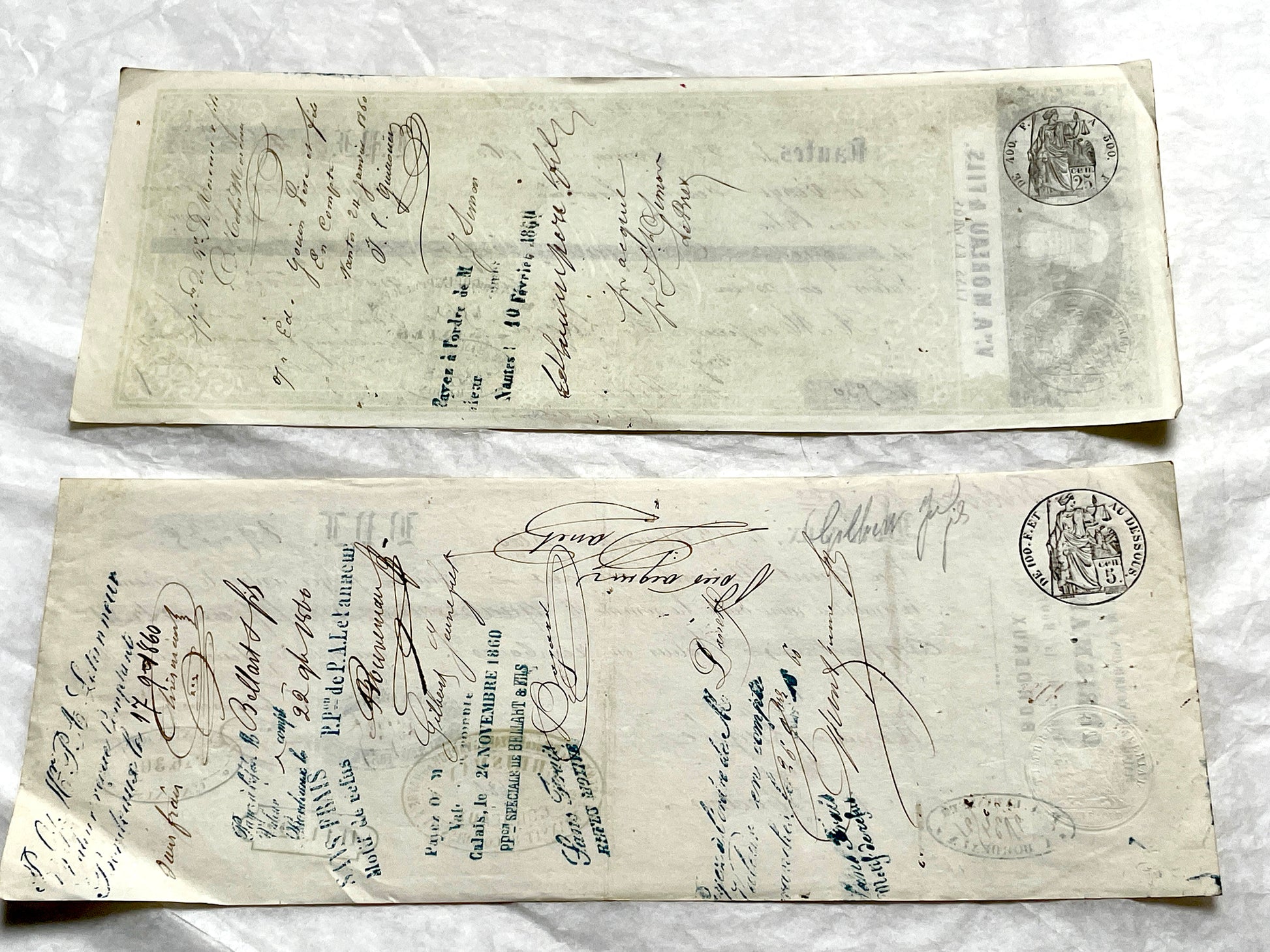 Late 19th Century French exchange letters, a set of 6 vintage financial documents with handwritten details and stamps.