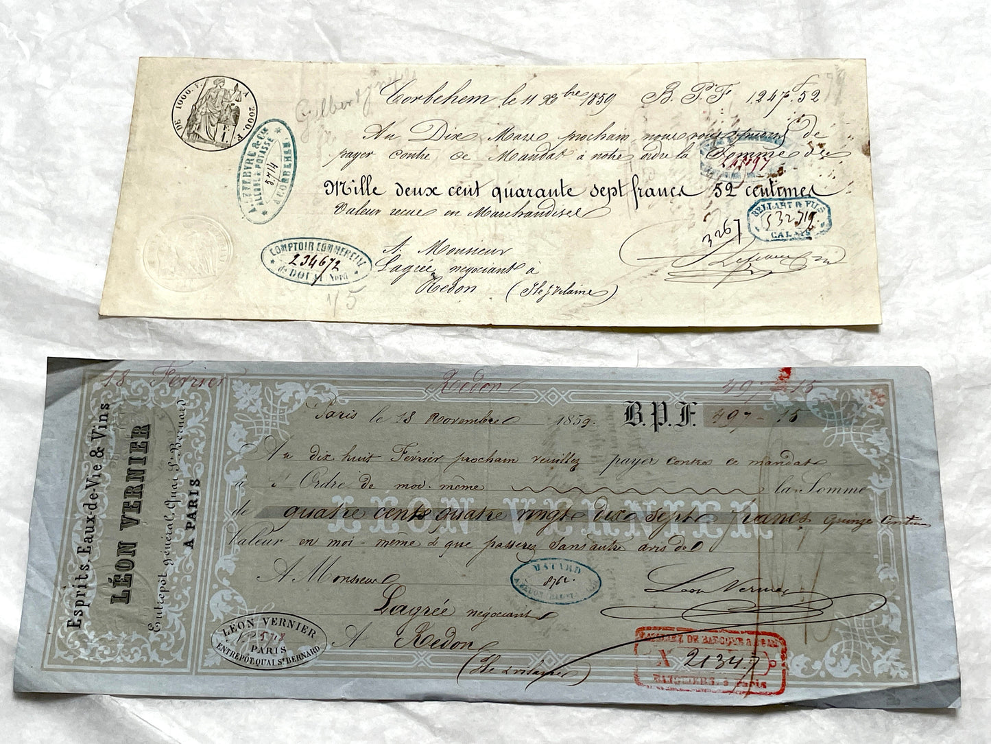 Late 19th Century French exchange letters, a set of 6 vintage financial documents with handwritten details and stamps.