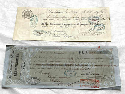 Late 19th Century French exchange letters, a set of 6 vintage financial documents with handwritten details and stamps.