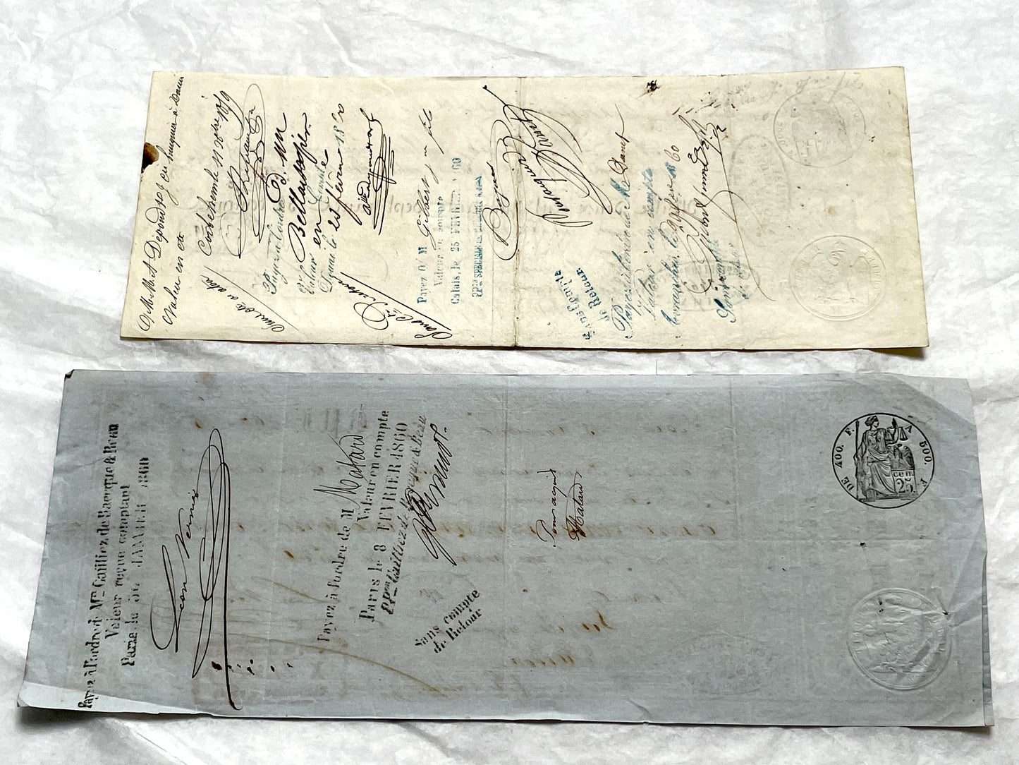 Late 19th Century French exchange letters, a set of 6 vintage financial documents with handwritten details and stamps.