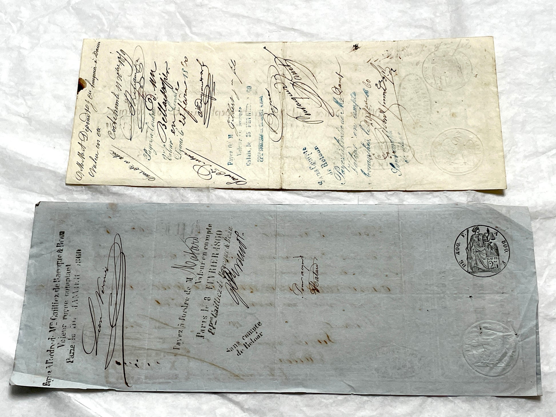 Late 19th Century French exchange letters, a set of 6 vintage financial documents with handwritten details and stamps.