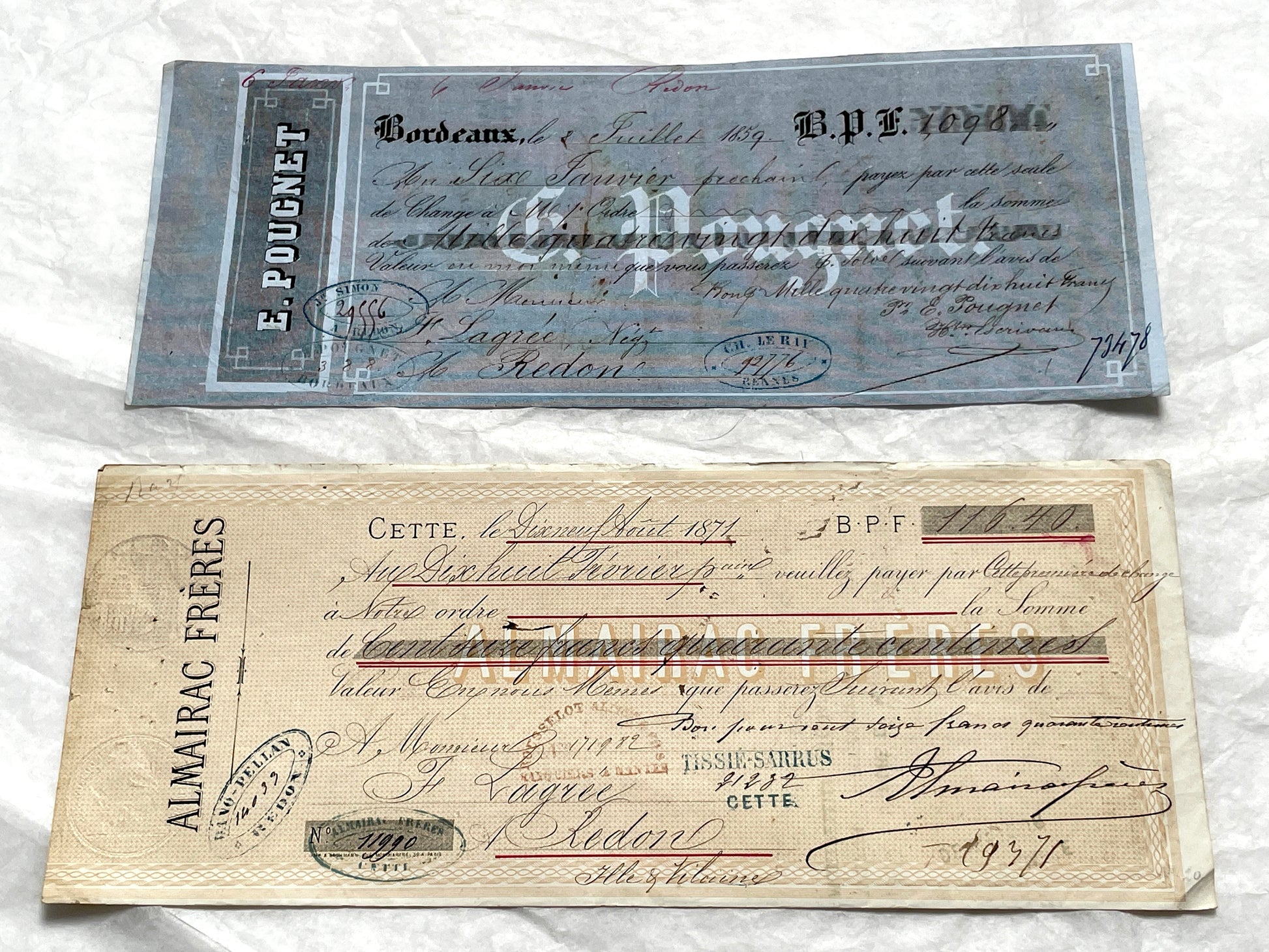 Late 19th Century French exchange letters, a set of 6 vintage financial documents with handwritten details and stamps.