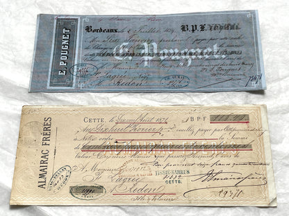Late 19th Century French exchange letters, a set of 6 vintage financial documents with handwritten details and stamps.