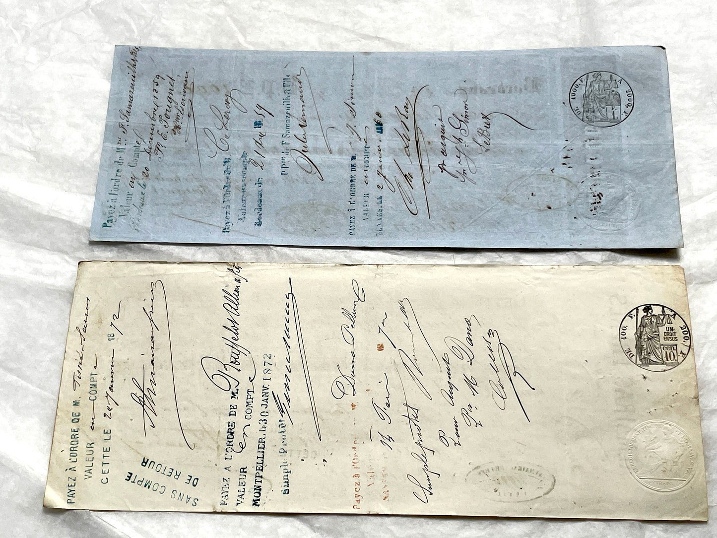 Late 19th Century French exchange letters, a set of 6 vintage financial documents with handwritten details and stamps.