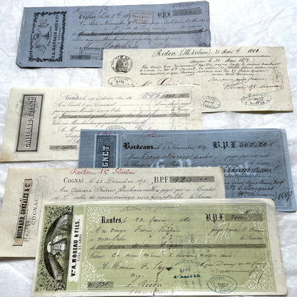 Set of 6 Late 19th Century French letters of exchange, featuring vintage calligraphy, bank, and merchant stamps.