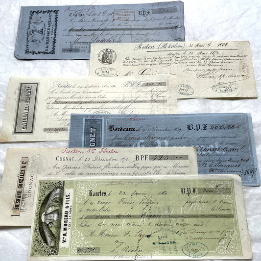 Set of 6 Late 19th Century French letters of exchange, featuring vintage calligraphy, bank, and merchant stamps.