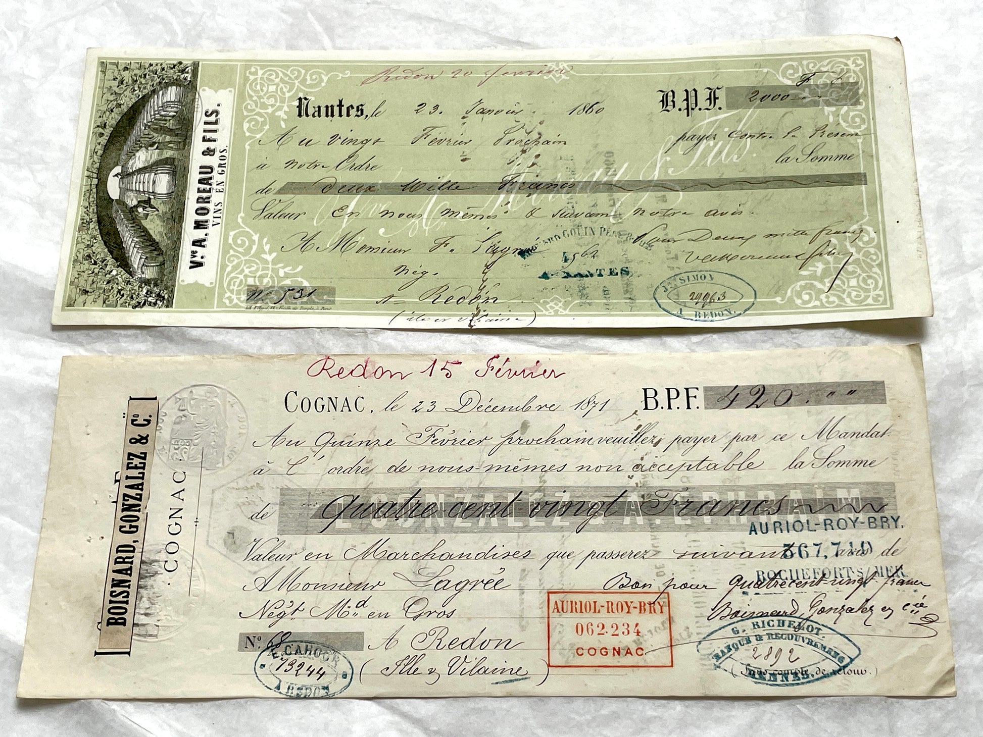 Set of 6 Late 19th Century French letters of exchange, featuring vintage calligraphy, bank, and merchant stamps.