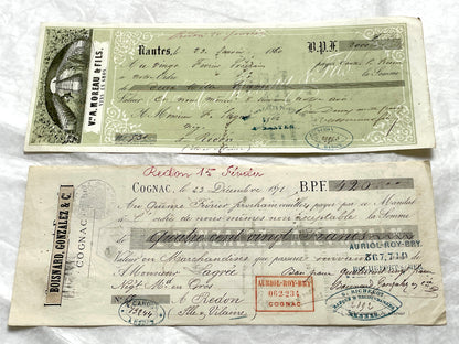Set of 6 Late 19th Century French letters of exchange, featuring vintage calligraphy, bank, and merchant stamps.