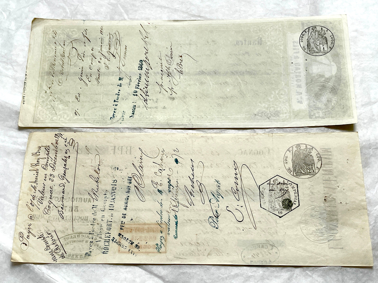 Set of 6 Late 19th Century French letters of exchange, featuring vintage calligraphy, bank, and merchant stamps.