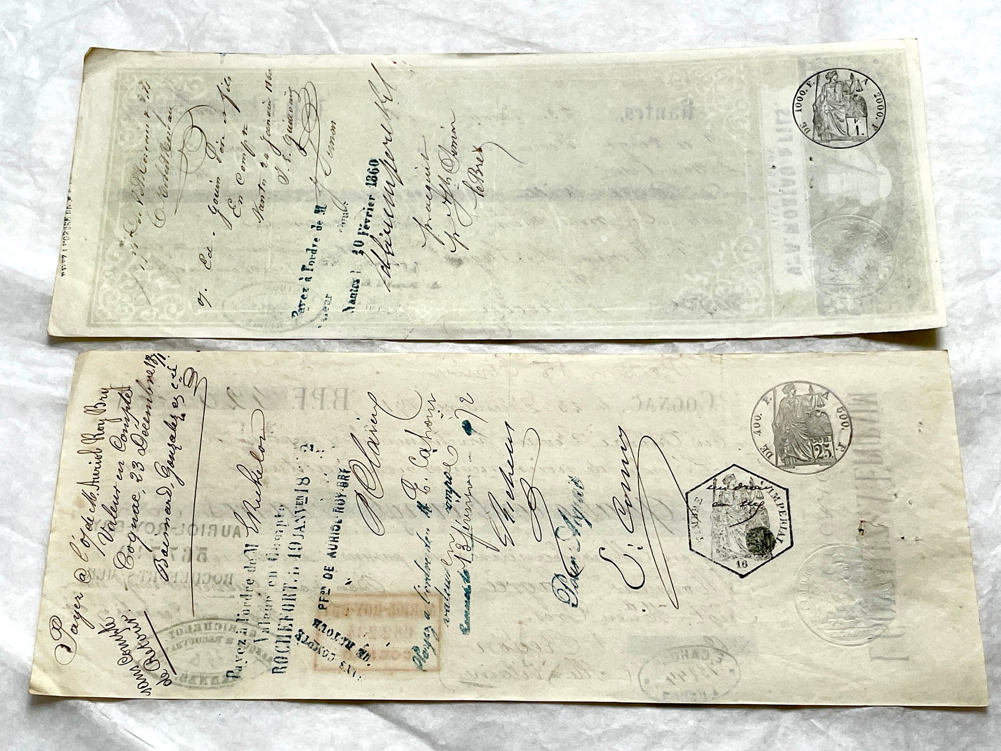 Set of 6 Late 19th Century French letters of exchange, featuring vintage calligraphy, bank, and merchant stamps.