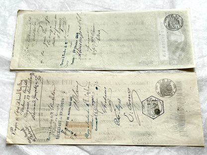 Set of 6 Late 19th Century French letters of exchange, featuring vintage calligraphy, bank, and merchant stamps.