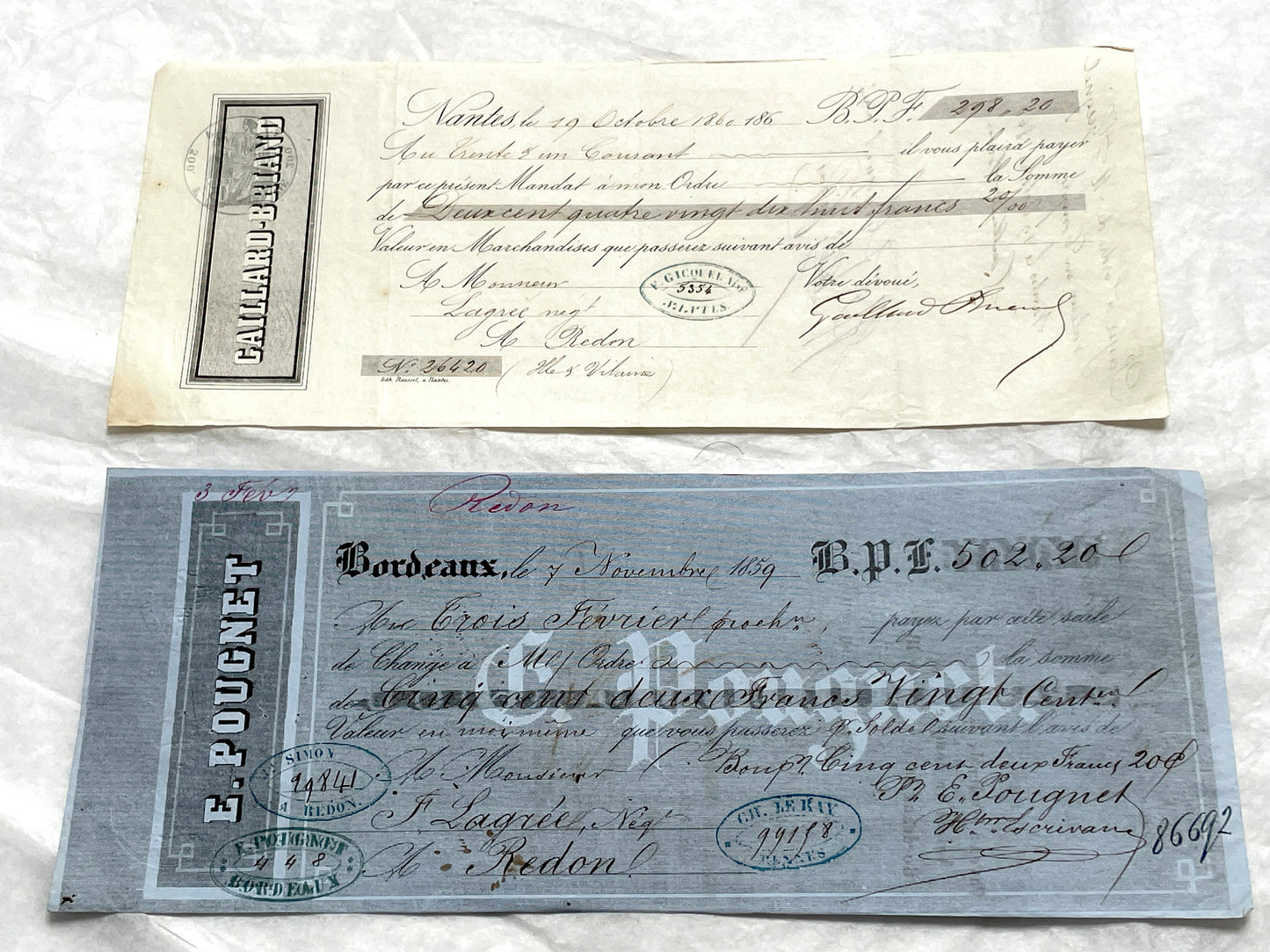 Set of 6 Late 19th Century French letters of exchange, featuring vintage calligraphy, bank, and merchant stamps.
