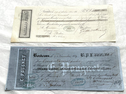Set of 6 Late 19th Century French letters of exchange, featuring vintage calligraphy, bank, and merchant stamps.
