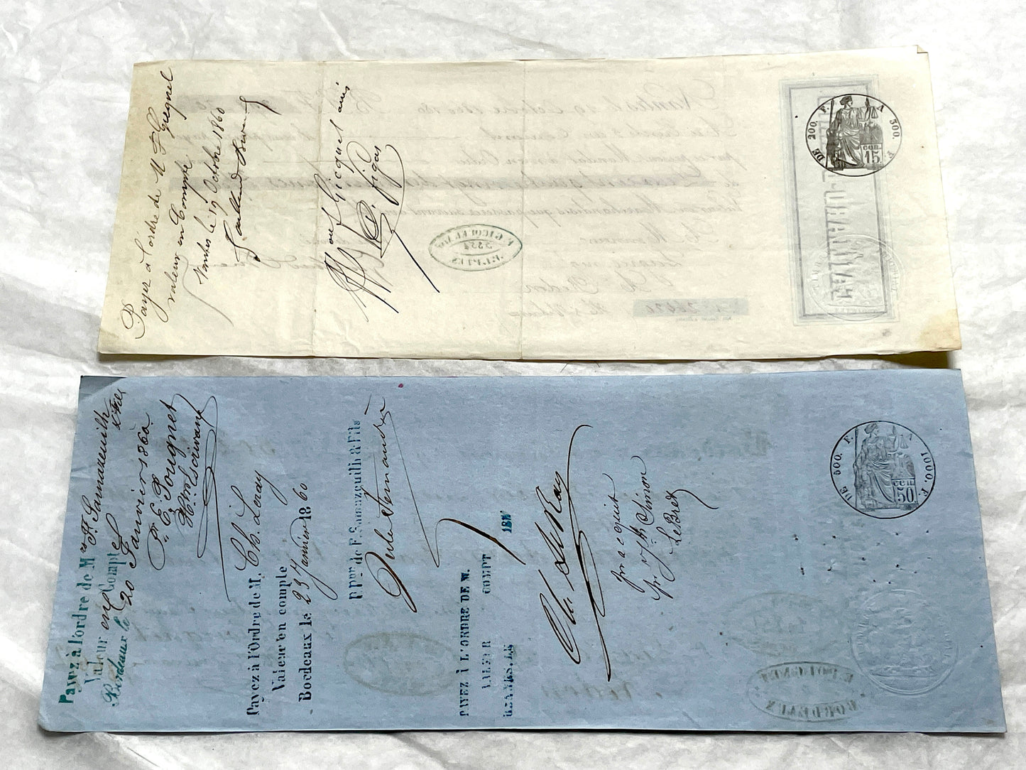 Set of 6 Late 19th Century French letters of exchange, featuring vintage calligraphy, bank, and merchant stamps.