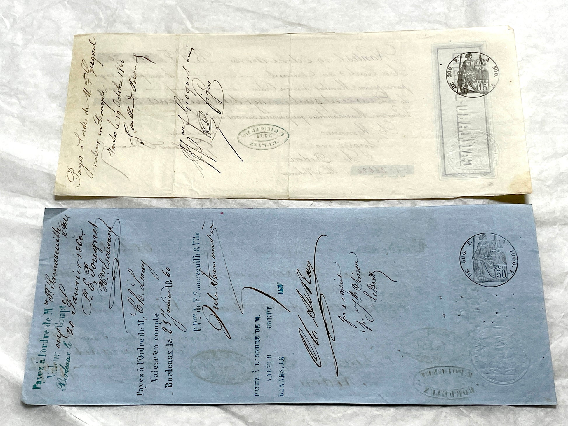 Set of 6 Late 19th Century French letters of exchange, featuring vintage calligraphy, bank, and merchant stamps.