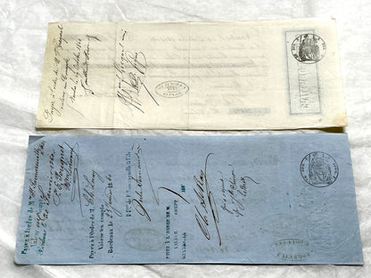 Set of 6 Late 19th Century French letters of exchange, featuring vintage calligraphy, bank, and merchant stamps.