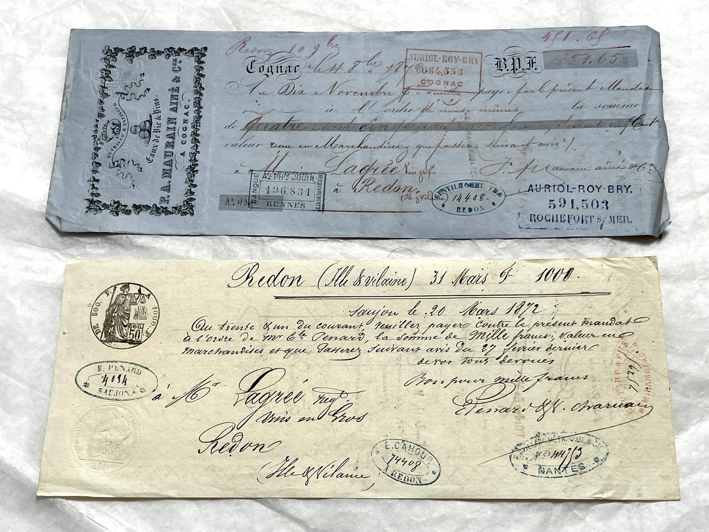 Set of 6 Late 19th Century French letters of exchange, featuring vintage calligraphy, bank, and merchant stamps.