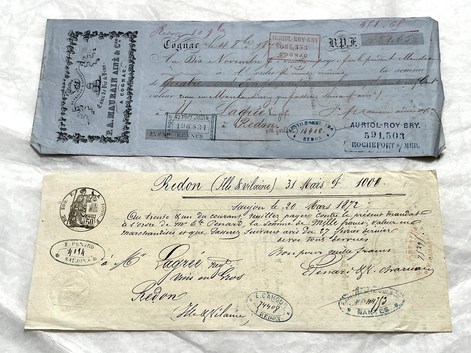 Set of 6 Late 19th Century French letters of exchange, featuring vintage calligraphy, bank, and merchant stamps.