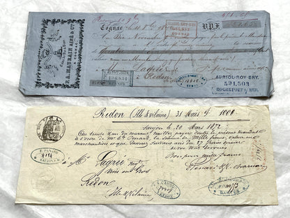 Set of 6 Late 19th Century French letters of exchange, featuring vintage calligraphy, bank, and merchant stamps.