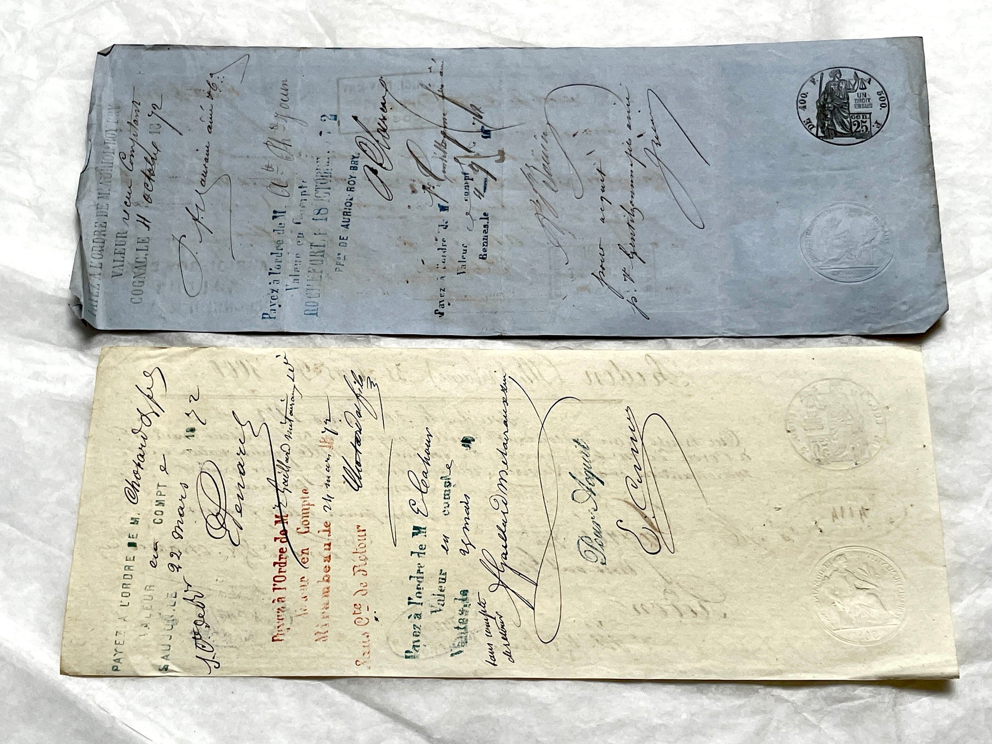 Set of 6 Late 19th Century French letters of exchange, featuring vintage calligraphy, bank, and merchant stamps.