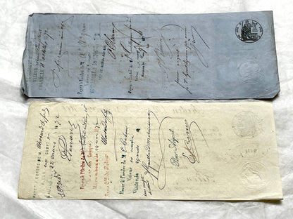 Set of 6 Late 19th Century French letters of exchange, featuring vintage calligraphy, bank, and merchant stamps.