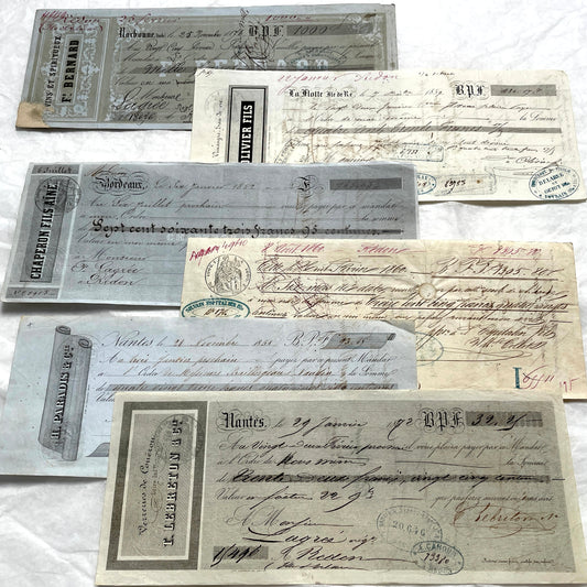 Mid 19th French exchange letters set - 6 antique financial documents with handwritten calligraphy and stamps.