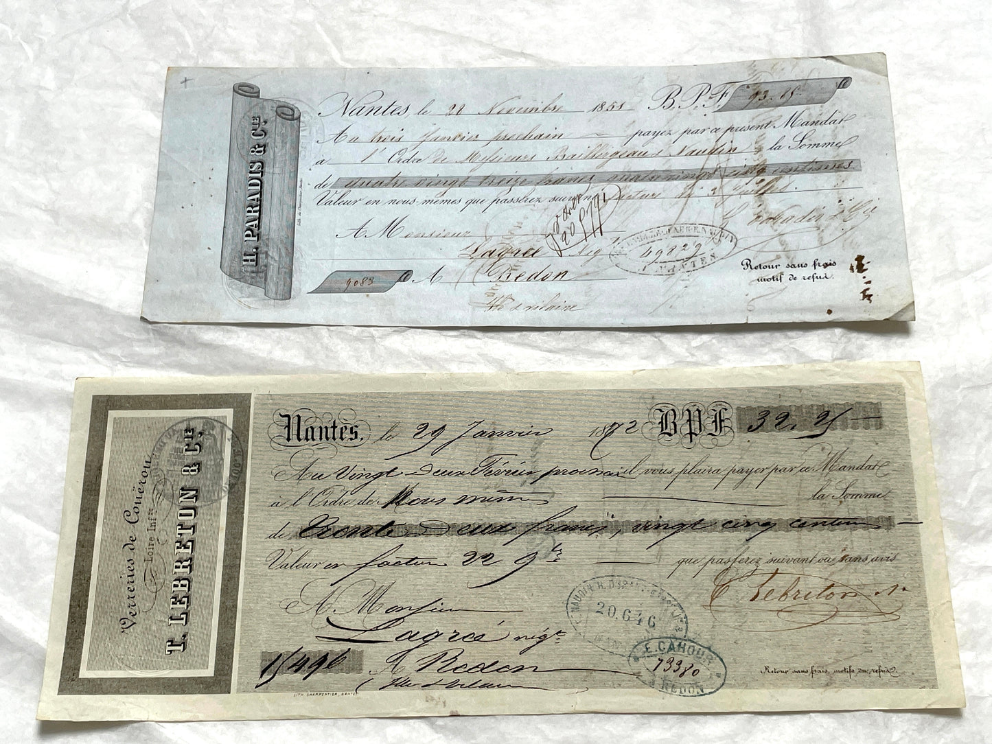 Mid 19th French exchange letters set - 6 antique financial documents with handwritten calligraphy and stamps.