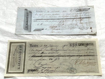 Mid 19th French exchange letters set - 6 antique financial documents with handwritten calligraphy and stamps.