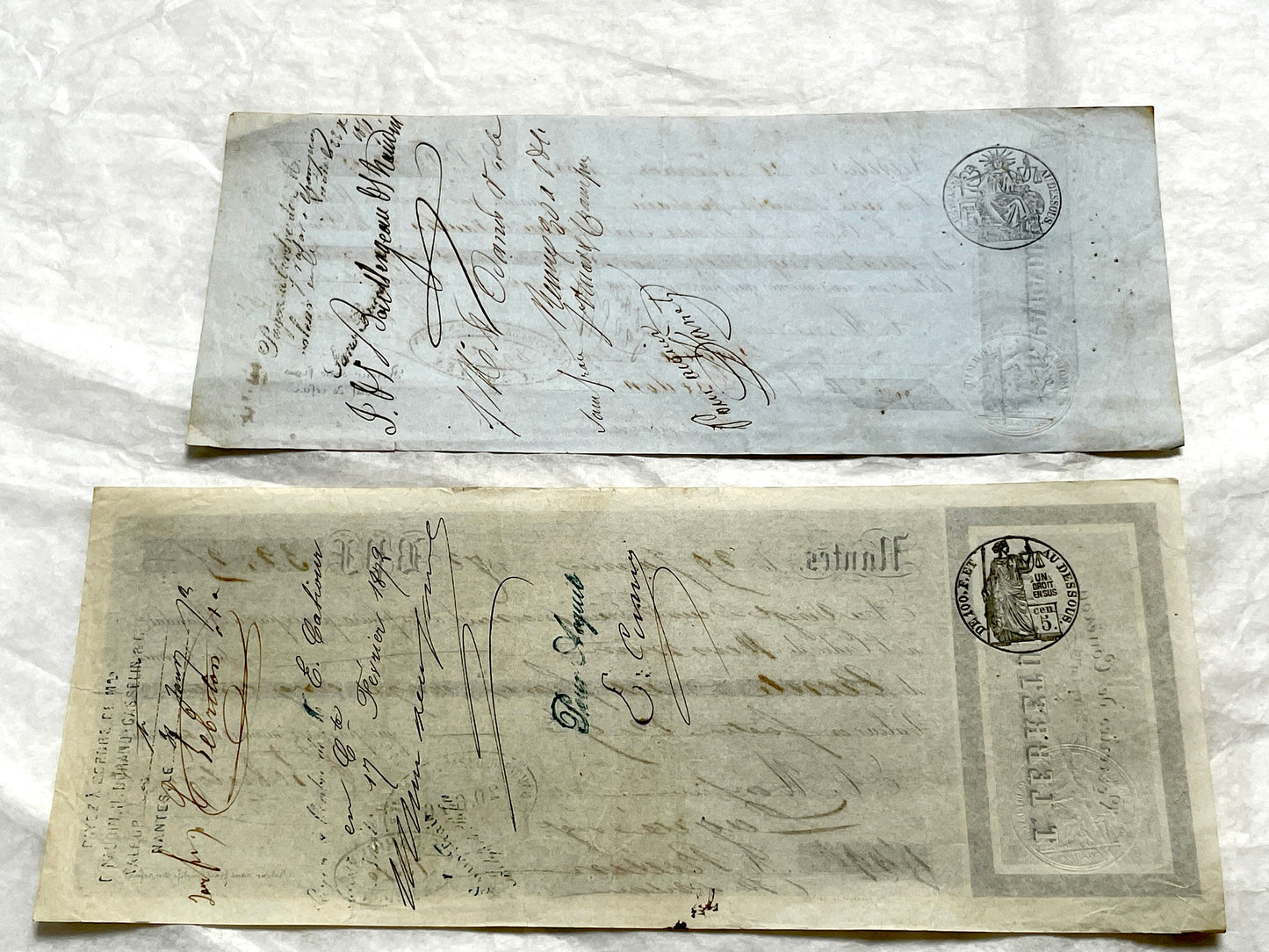 Mid 19th French exchange letters set - 6 antique financial documents with handwritten calligraphy and stamps.