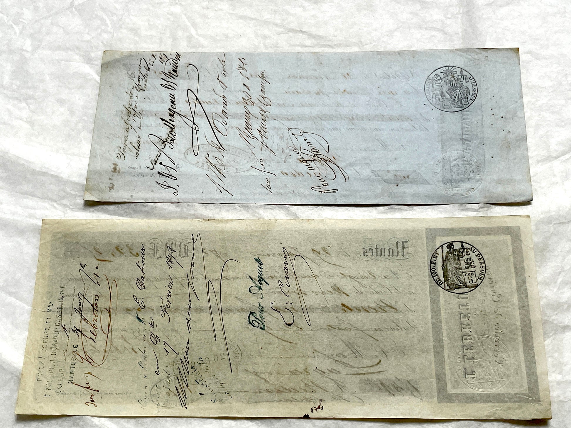 Mid 19th French exchange letters set - 6 antique financial documents with handwritten calligraphy and stamps.