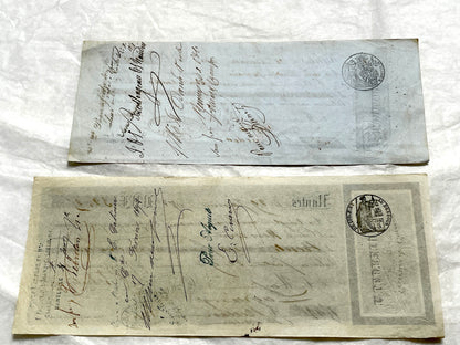 Mid 19th French exchange letters set - 6 antique financial documents with handwritten calligraphy and stamps.