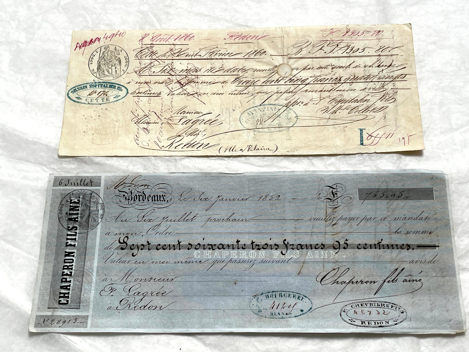 Mid 19th French exchange letters set - 6 antique financial documents with handwritten calligraphy and stamps.