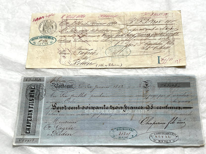 Mid 19th French exchange letters set - 6 antique financial documents with handwritten calligraphy and stamps.