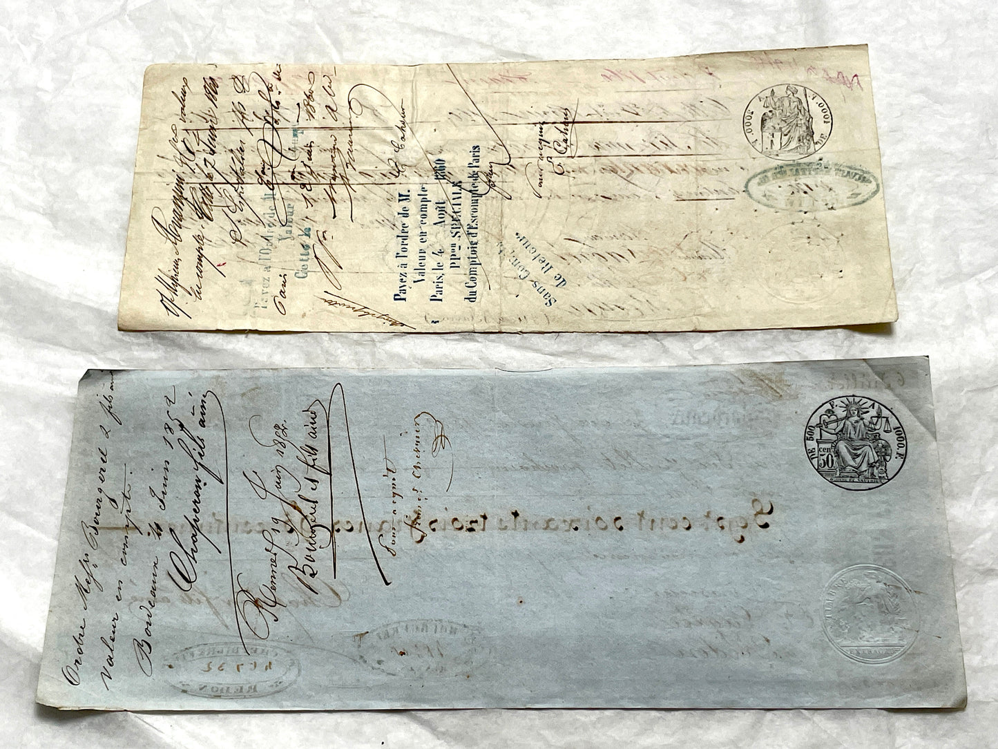Mid 19th French exchange letters set - 6 antique financial documents with handwritten calligraphy and stamps.
