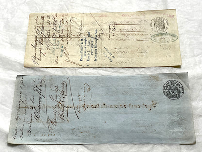 Mid 19th French exchange letters set - 6 antique financial documents with handwritten calligraphy and stamps.