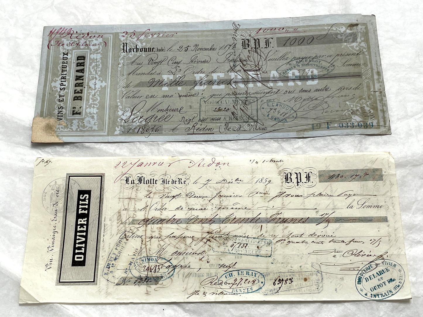 Mid 19th French exchange letters set - 6 antique financial documents with handwritten calligraphy and stamps.