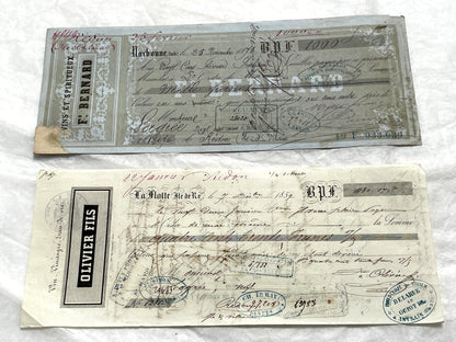 Mid 19th French exchange letters set - 6 antique financial documents with handwritten calligraphy and stamps.