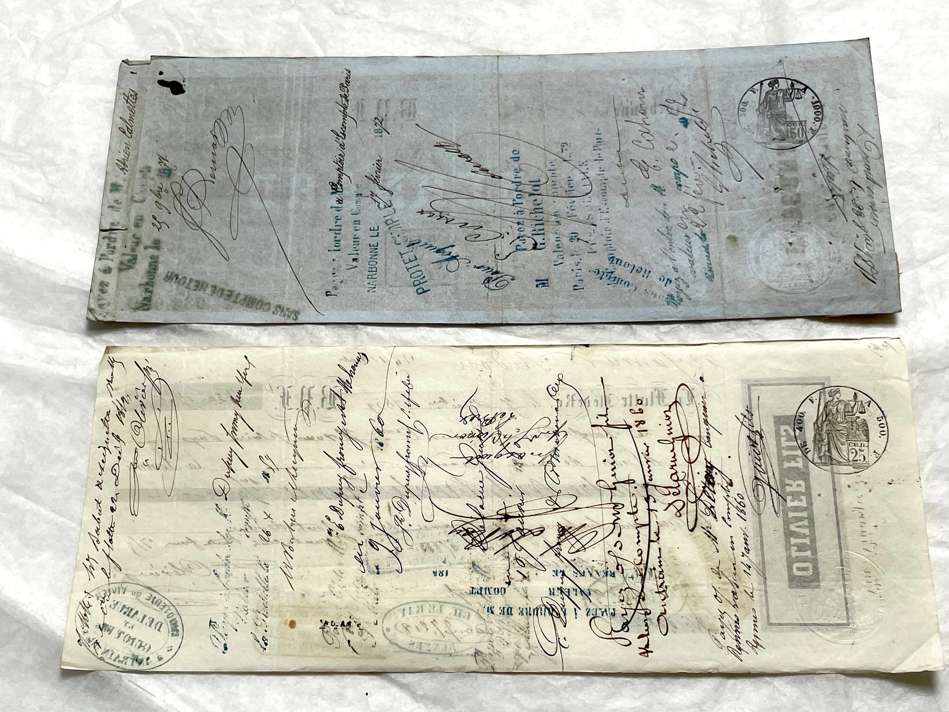Mid 19th French exchange letters set - 6 antique financial documents with handwritten calligraphy and stamps.