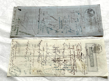 Mid 19th French exchange letters set - 6 antique financial documents with handwritten calligraphy and stamps.