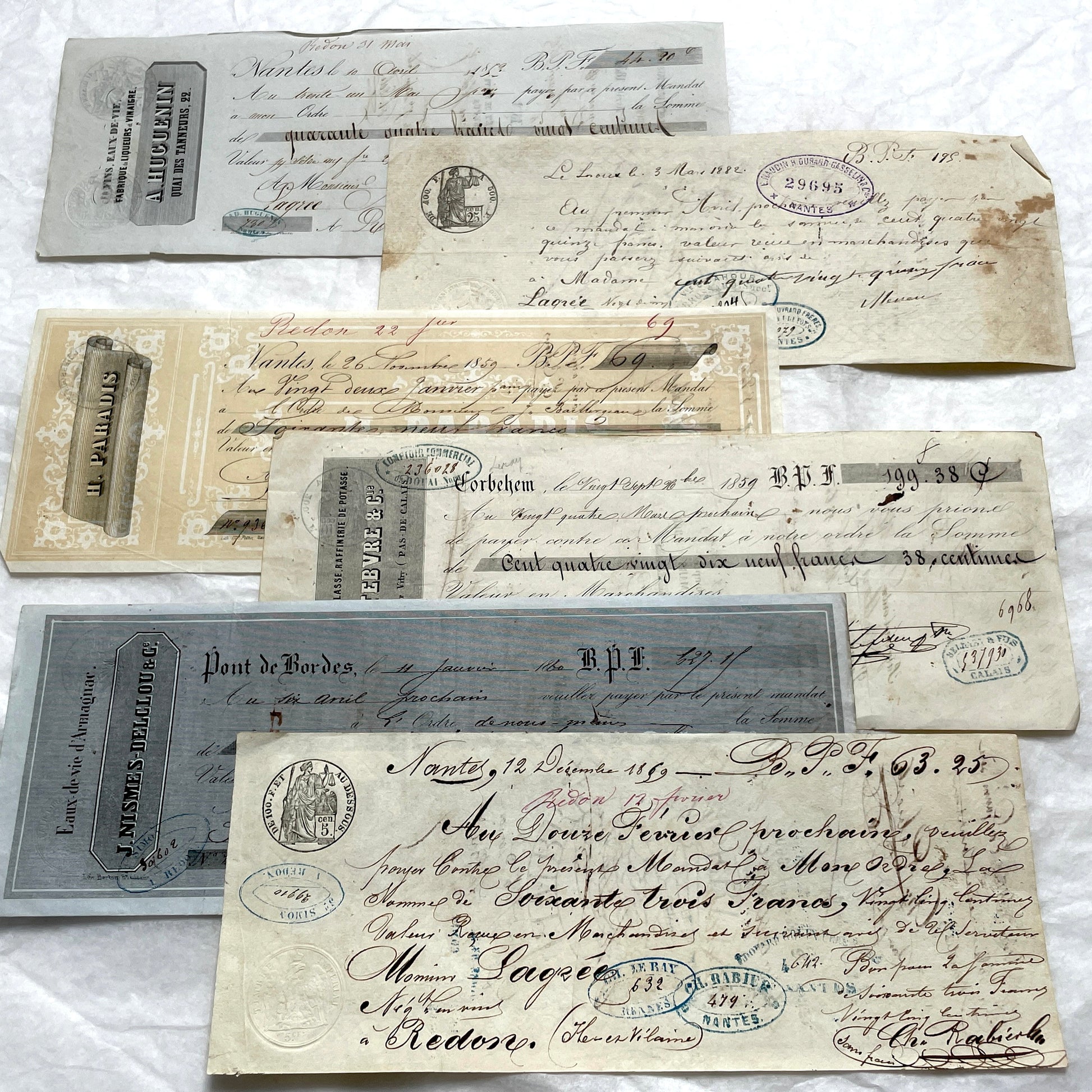Set of 6 Mid 19th Century French exchange letters with elaborate calligraphy and official stamps, vintage paper documents.