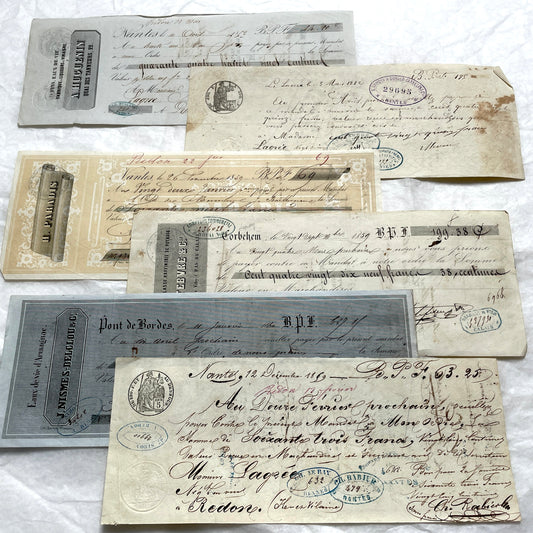 Set of 6 Mid 19th Century French exchange letters with elaborate calligraphy and official stamps, vintage paper documents.
