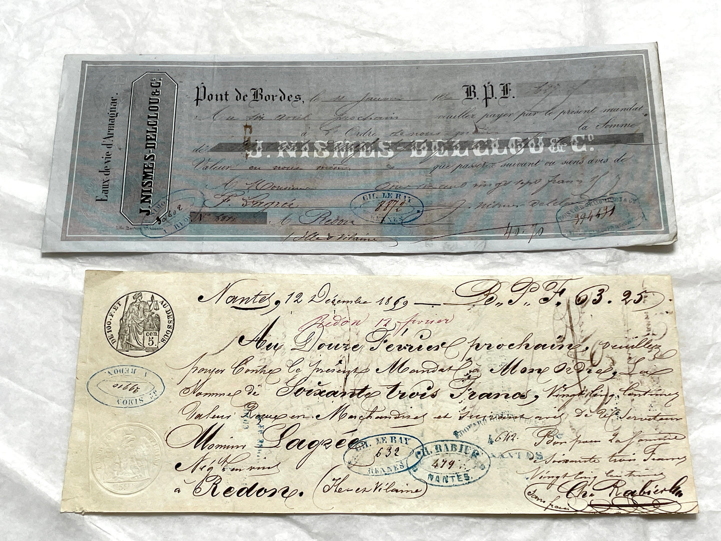 Set of 6 Mid 19th Century French exchange letters with elaborate calligraphy and official stamps, vintage paper documents.