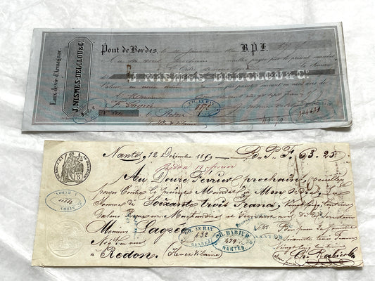 Set of 6 Mid 19th Century French exchange letters with elaborate calligraphy and official stamps, vintage paper documents.