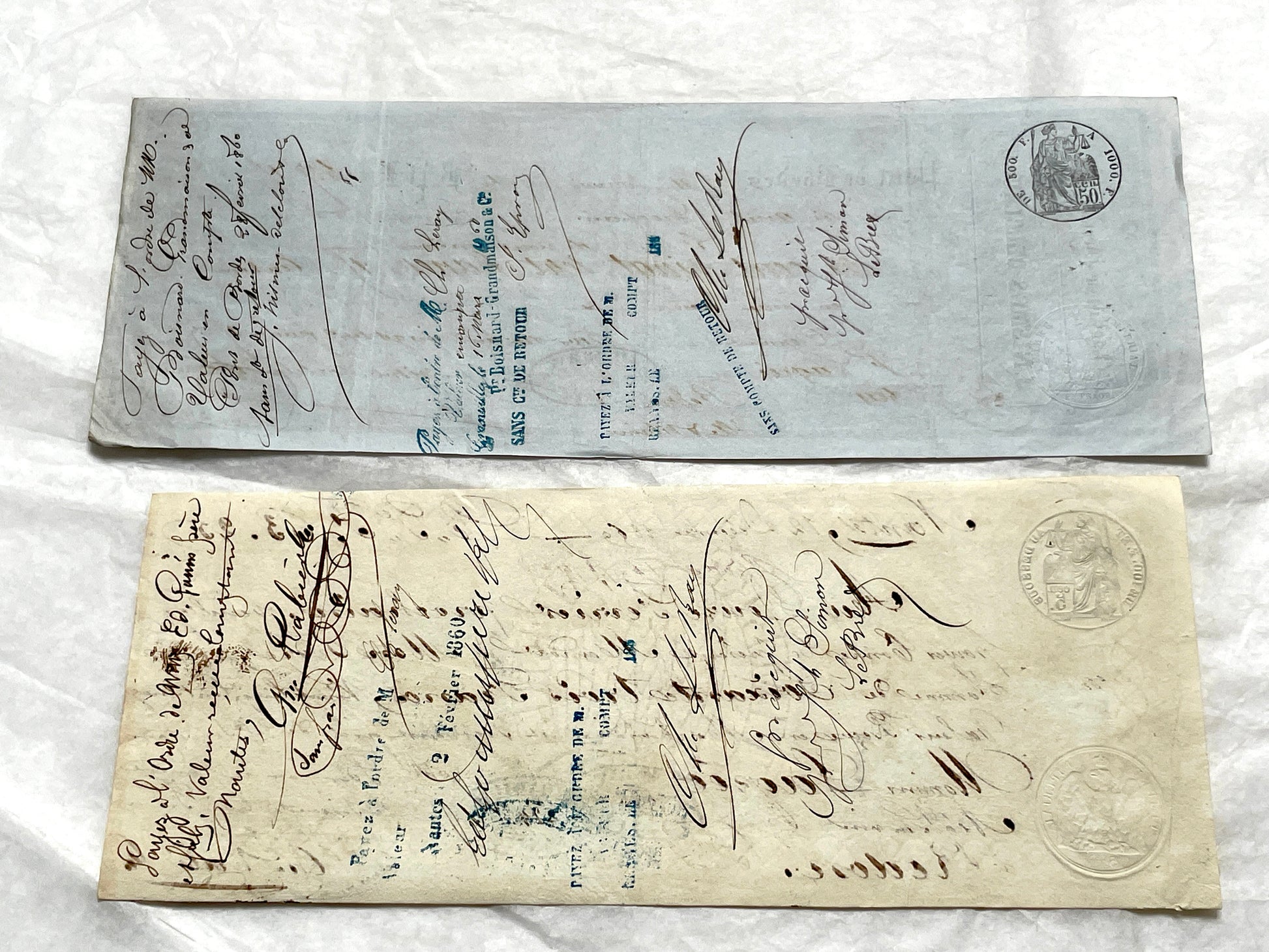 Set of 6 Mid 19th Century French exchange letters with elaborate calligraphy and official stamps, vintage paper documents.