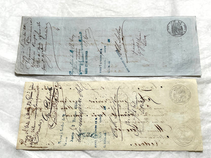 Set of 6 Mid 19th Century French exchange letters with elaborate calligraphy and official stamps, vintage paper documents.