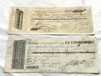 Set of 6 Mid 19th Century French exchange letters with elaborate calligraphy and official stamps, vintage paper documents.