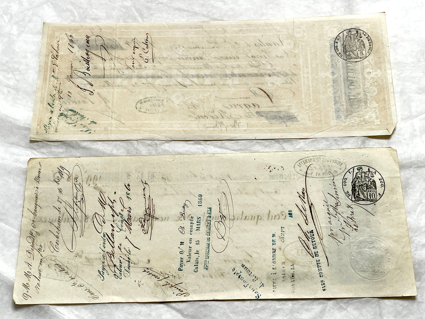 Set of 6 Mid 19th Century French exchange letters with elaborate calligraphy and official stamps, vintage paper documents.