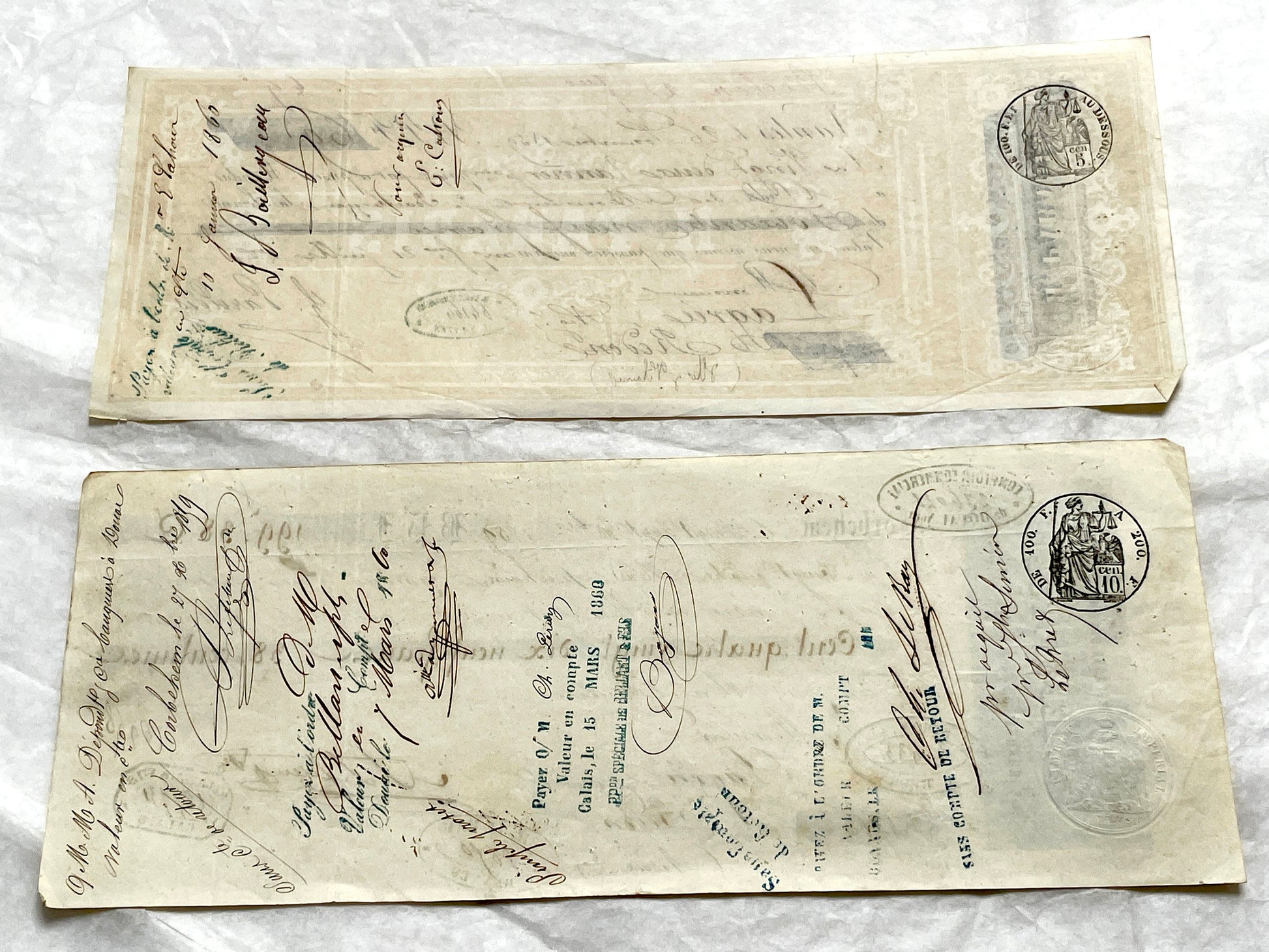 Set of 6 Mid 19th Century French exchange letters with elaborate calligraphy and official stamps, vintage paper documents.
