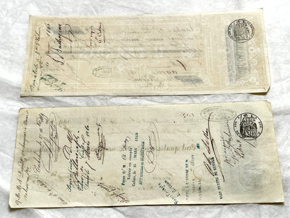 Set of 6 Mid 19th Century French exchange letters with elaborate calligraphy and official stamps, vintage paper documents.