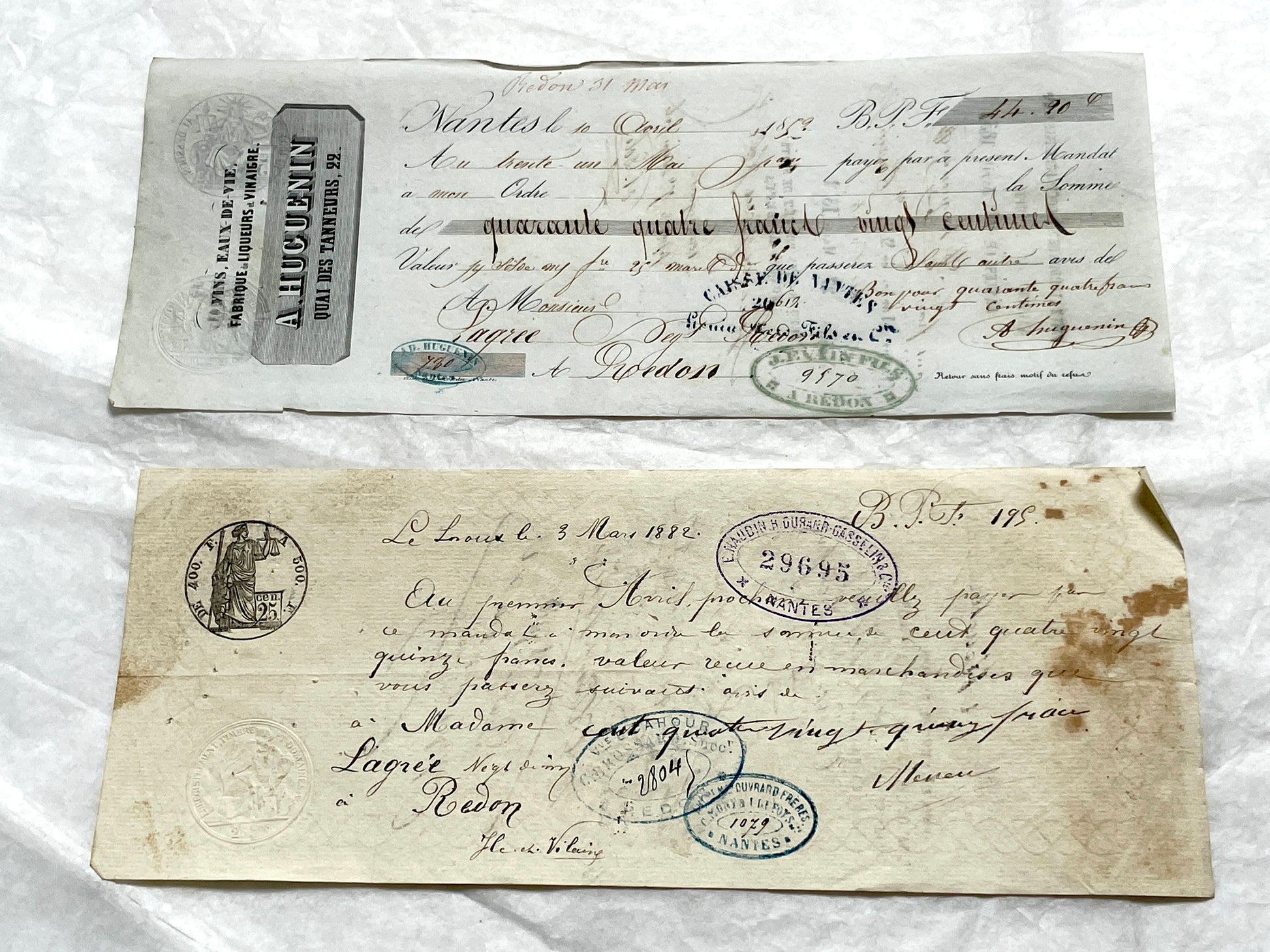 Set of 6 Mid 19th Century French exchange letters with elaborate calligraphy and official stamps, vintage paper documents.